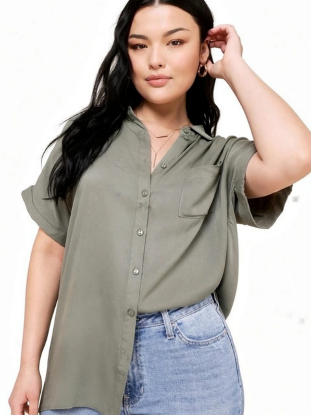 Olive Green Button Down Short Sleeve Top Size Small